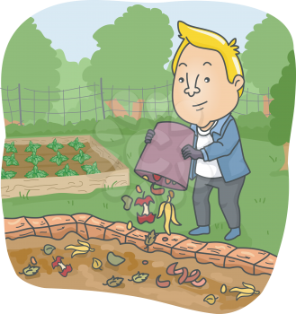 Illustration of a Man Dumping Food Scraps on His Compost Pit