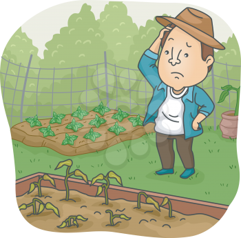 Illustration of a Man Sad Over the Wilted Plants in His Garden