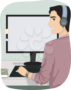 Illustration of a Man Wearing Headphones While Using His Computer