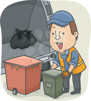 Illustration of a Garbage Collector Loading Garbage in the Truck