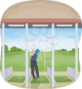 Illustration of a Man Playing Golf in a Driving Range