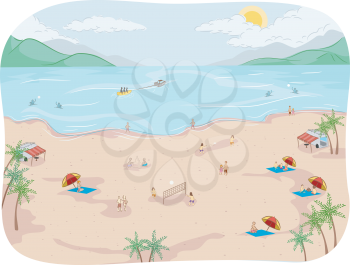 Illustration of Beach Goers Doing Different Beach Activities