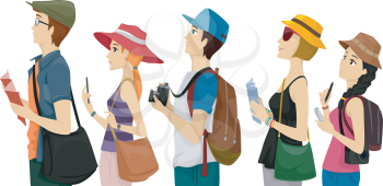 Illustration of a Group of Tourists Waiting on a Queue