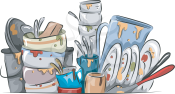 Illustration of a Stack of Dirty Dishes Waiting to be Washed