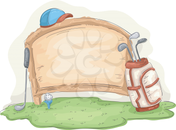 Illustration of a Golf Bag Leaning Against a Wooden Board