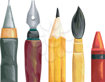 Illustration of a Set of Pens Paintbrush Pencil and Crayon