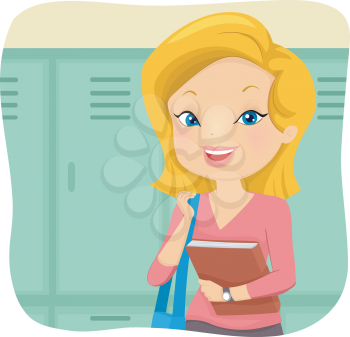 Illustration of a Girl Student with her Bag and Holding a Book in front of the Lockers