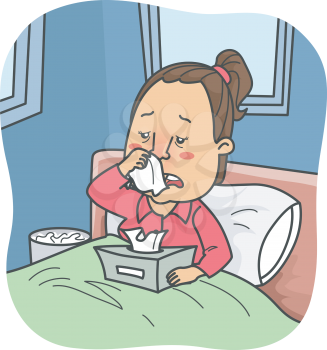 Illustration of a Girl in Bed with Flu holding a box of tissue