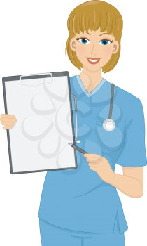 Illustration of a Girl in scrubs pointing to a blank Clipboard