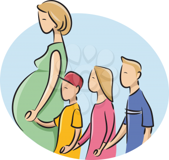 Illustration of a Pregnant Girl with her three kids