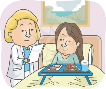 Illustration of a Girl Patient in bed talking to a Nutritionist