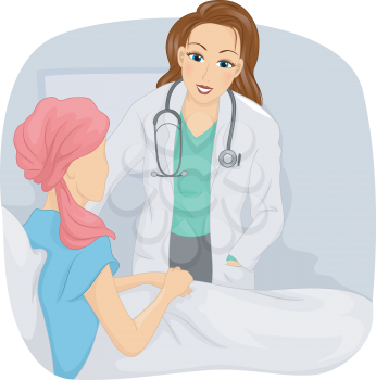 Illustration of a Girl Doctor with her Patient with Cancer in Bed