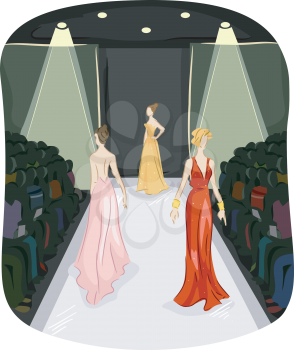 Illustration of Three Girls Modeling Long Gowns walking on a Runway