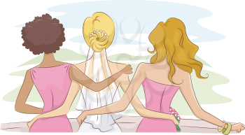 Back View Illustration of a Bride and Her Bridesmaids