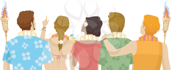 Back View Illustration of Teens Wearing Hawaiian-Themed Outfits