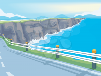 Illustration of a Long Stretch of Winding Road by the Sea