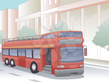 Illustration of a Double Decker Bus Parked in Front of a Building