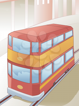 Illustration of a Double Decker Tram in the Middle of the Railway