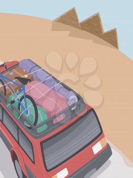 Illustration of an SUV Full of Camping Gear Headed Towards the Pyramids of Egypt