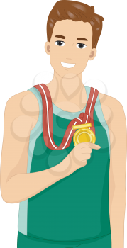 Illustration of a Male Athlete Showing His Gold Medal