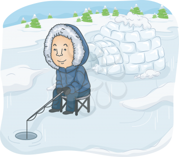 Illustration of a Man Trying to Catch Some Fish Near an Igloo