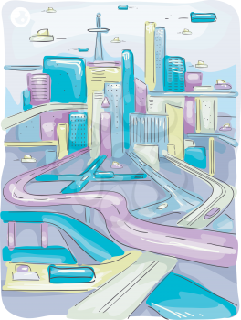 Futuristic Illustration of a Modern City with Long and Winding Highways