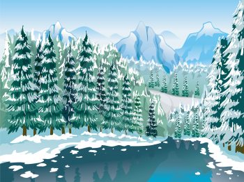 Illustration of a Coniferous Forest Covered with Layers of Snow