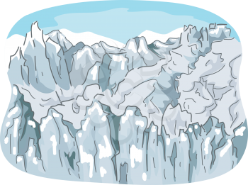 Illustration of a Ragged Mountain Range Covered with Snow
