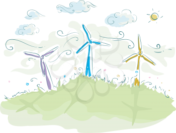 Sketchy Illustration of Wind Turbines Spinning Furiously