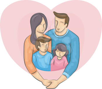 Illustration of a Happy Family with a Large Heart Behind Them