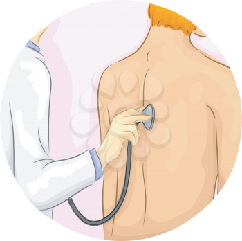 Illustration of a Doctor Pressing a Stethoscope Against a Patient's Back
