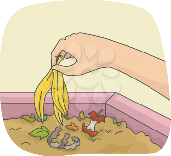 Illustration of a Person Adding a Banana Peel in a Compost Pit