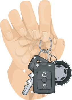 Cropped Illustration of a Hand Holding a Car Key Chained Together with a Remote Control