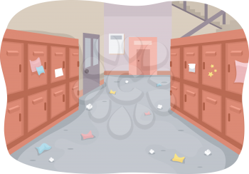 Illustration of a School Hallway with Trash Strewn All Around
