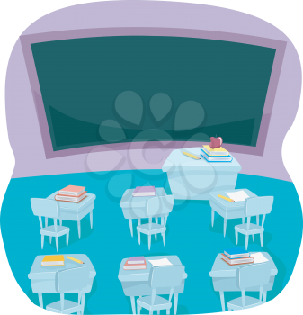 Illustration of an Empty Classroom with Tables Covered with Books