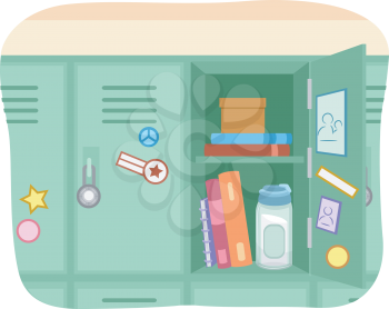 Illustration of an Open Locker with Books and a Water Bottle Inside