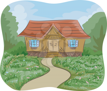 Illustration of a Cabin with a Flower Garden in Front