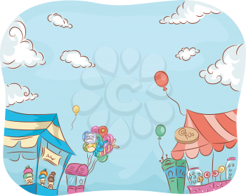 Illustration of Carnival Stores Selling a Variety of Goods