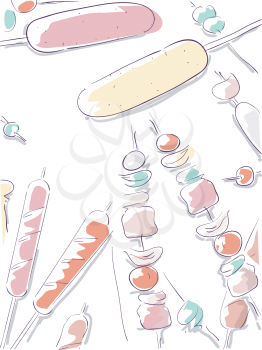 Sketchy Illustration of Hotdogs on Skewers Decorated with Fruits and Marshmallows