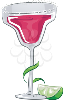 Illustration of a Strawberry Martini with a Slice of Lime Beside It