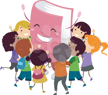 Stickman Illustration of Kids Hugging a Book Mascot