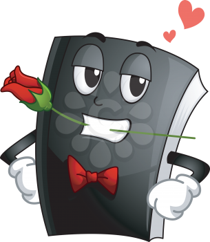 Mascot Illustration of a Suave Book in a Tux and Tie and Clenching a Rose with its Teeth