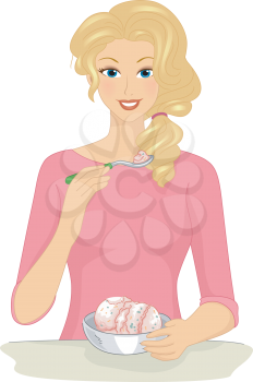 Illustration of a Girl Eating Ice Cream from a Bowl