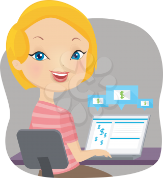 Illustration of a Girl Using Her Laptop to Make Bank Transactions