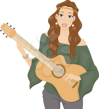 Illustration of a Hippie Girl Singing While Playing the Guitar