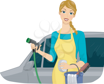 Illustration of a Car Wash Girl Girl Carrying a Bucket of Car Washing Tools