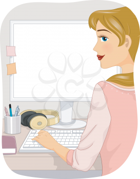 Illustration of a Girl Using a Desktop Computer