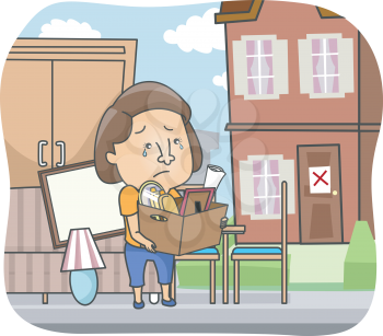 Illustration of a Woman Carrying Her Belongings in a Box After being Evicted