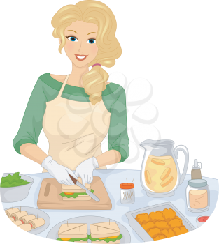 Illustration of a Girl Slicing Bread While Preparing Snacks