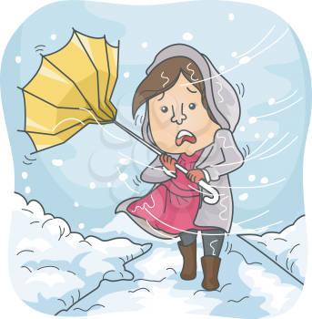 Illustration of a Woman Braving Heavy Winds and Snowfall